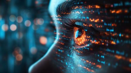 Auge mit digitalen Datenströmen – Symbolbild für Webdesign, SEO und KI-Sichtbarkeit